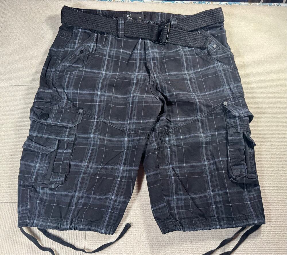 Fried Denim 100% Cotton Cargo Shorts Men's 34 Dark Blue Plaid Everyday Relaxed